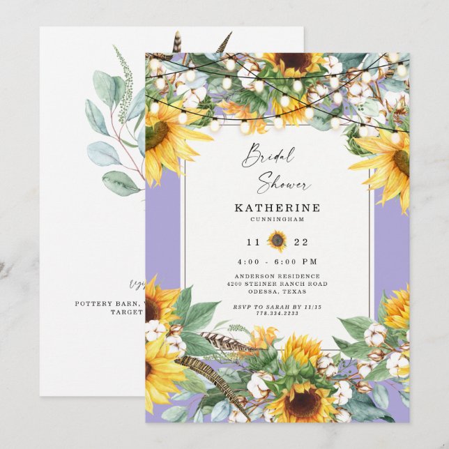 Convites Rústica Corda de Girassol Luzes de Lavanda (Frente/Verso)