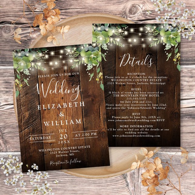 Convites Rústica Corda de Madeira Clara Granja Detalhes do  (Rustic Wood String Light Greenery Details Wedding Invitation)