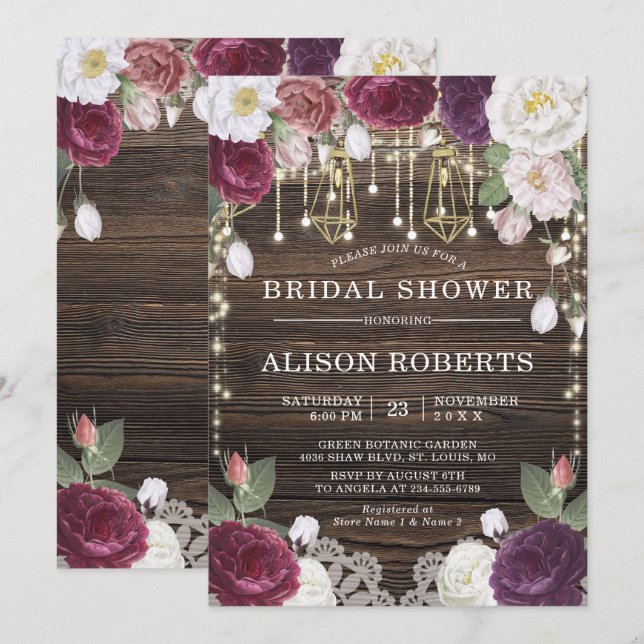 Convites Rústica Floral Wood String Luzes Chá de panela (Frente/Verso)