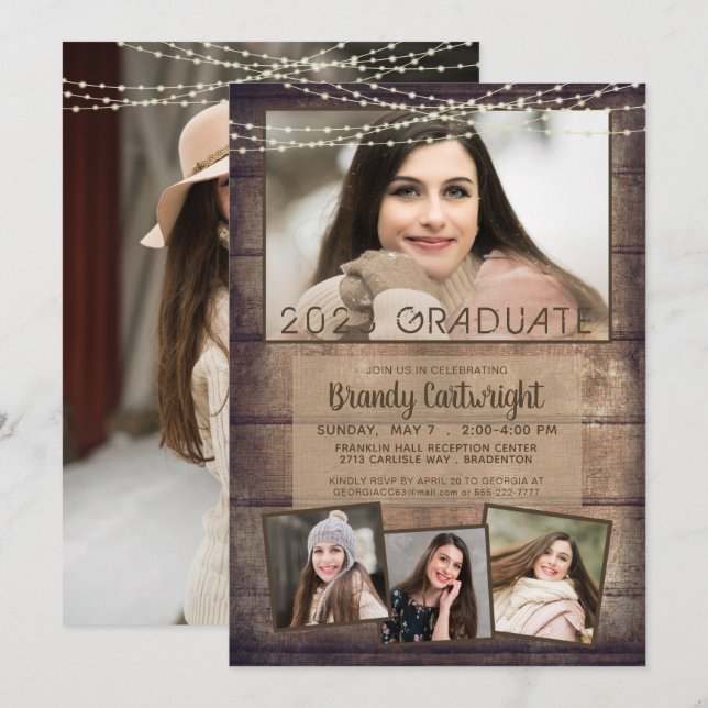 Convites Rústica Graduação 4 Foto: Luzes De Corda De Madeir (Frente/Verso)