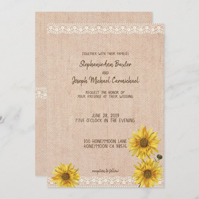 Convites Rústica Lace & Burlap Sunflower Wedcard (Frente/Verso)