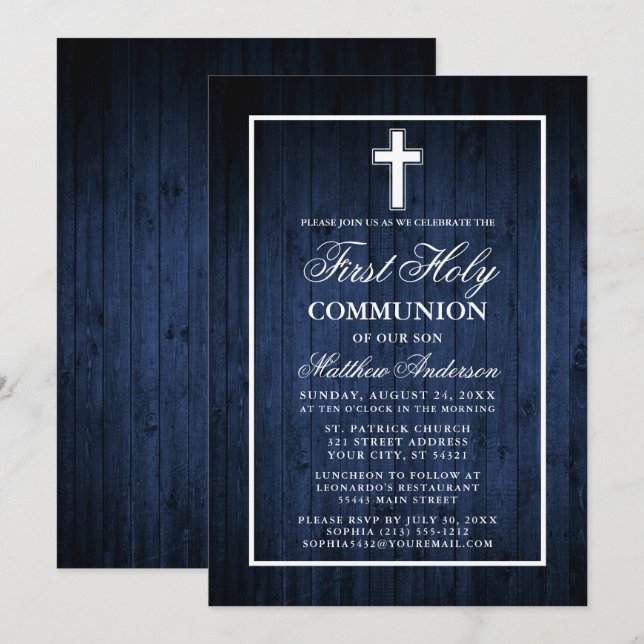 Convites Rústica Madeira Azul Primeira Comunhão Santa (Frente/Verso)