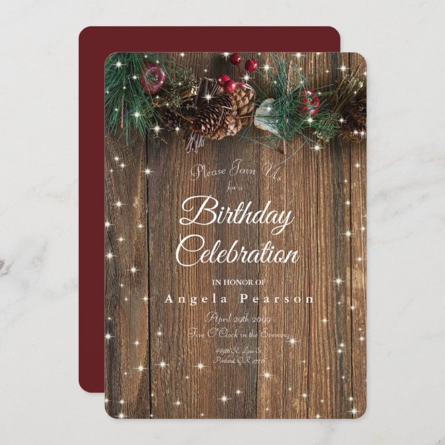 Convites Rústica Madeira Campo Natal Pine Garland Sparkle (Frente/Verso)