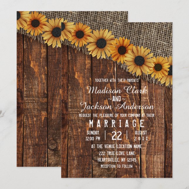 Convites Rústica Madeira e Burlap Sunflower Weditation Conv (Frente/Verso)