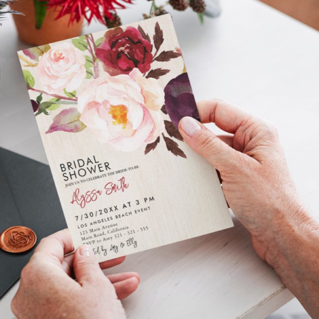 Convites Rústica Madeira Floral Marsala Burgundy Chá de pan (Criador carregado)