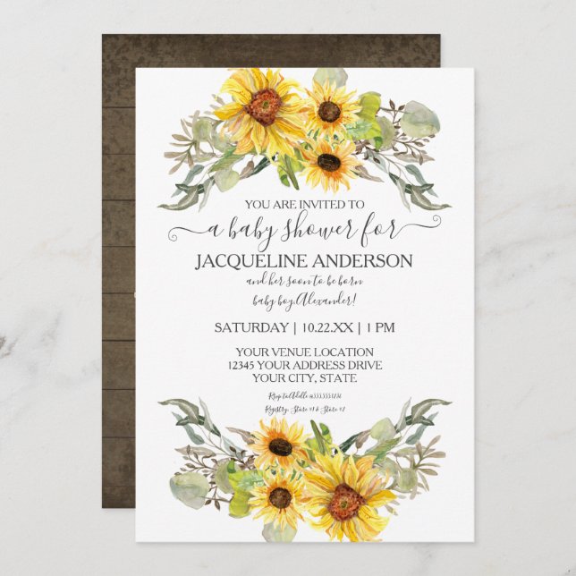 Convites Rústica Madeira Girassol Chá de fraldas (Frente/Verso)