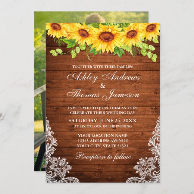 Convites Rústica Madeira Girassol Verde Floral Lace Foto (Frente/Verso)