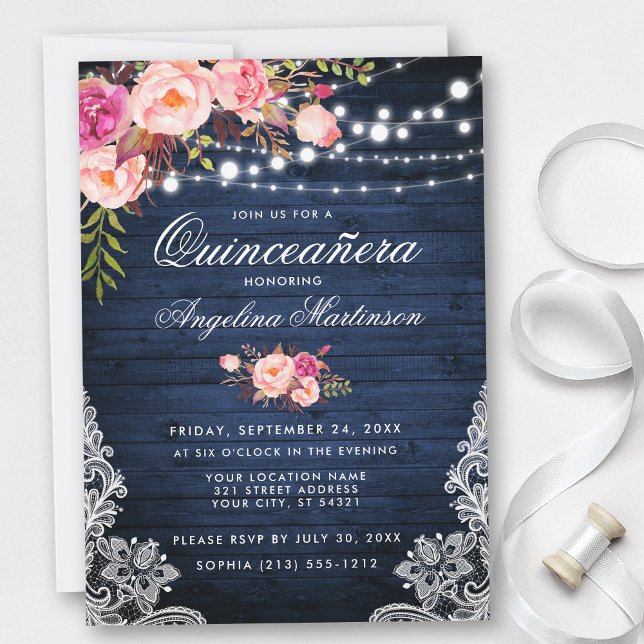 Convites Rústica Quinceanera Azul Madeira Luz Rosa Floral (Customize to add more text or photos to back of card.)