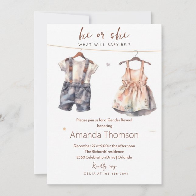 Convites Rústica Roupas de Bebê Revelação de Gênero (Frente)