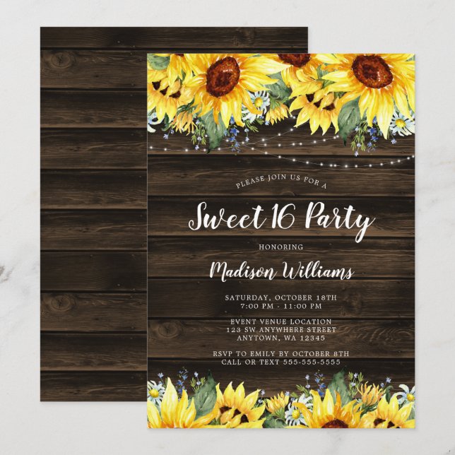 Convites Rústica Sunflower String Luzes Sweet 16 (Frente/Verso)
