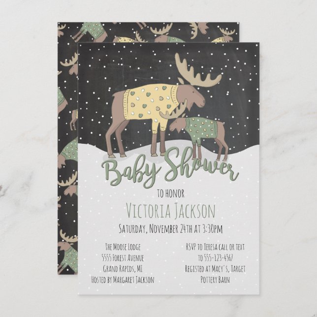 Convites Rústica Woodland Moose e Chá de fraldas (Frente/Verso)