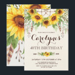 Convites Rústico aniversário de 40 anos de girassol Amarelo<br><div class="desc">Belo convite inspirado em vassoura,  que inclui girassóis,  penas e folhas verdes rústicas,  apetrechados a uma caçadora de sonhos</div>