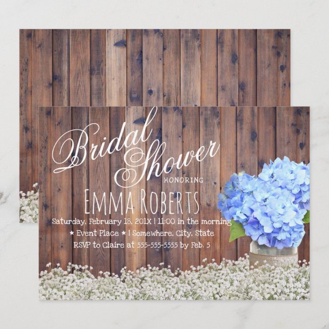 Convites Rústico Bebê Respira Chá de panela de Hydrangea Az (Frente/Verso)