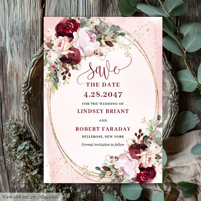 Convites Rústico Boho Merlot Bege Flores Salve Data (Rustic Boho Merlot Blush Gold Flowers Save Date)