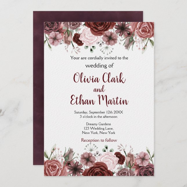 Convites Rústico Borgonha Aquarela Floral (Frente/Verso)
