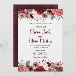 Convites Rústico Borgonha Aquarela Floral