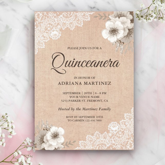 Convites Rústico Burlap Lace Ivory Floral Quinceanera (Criador carregado)
