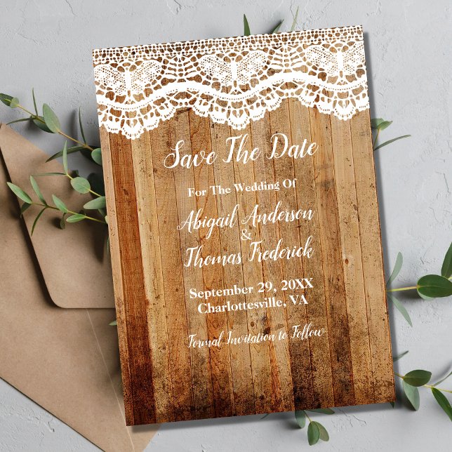 Convites Rústico Campo Madeira Branco Renda Save The Date (Criador carregado)