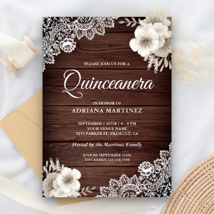 Convites Rustico Campo Madeira Renda Marfim Floral Quincean