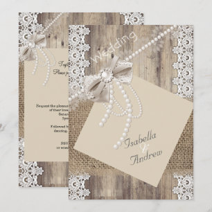 Convites Rústico Casamento Beige Pearl Lace Madeira Burlap 