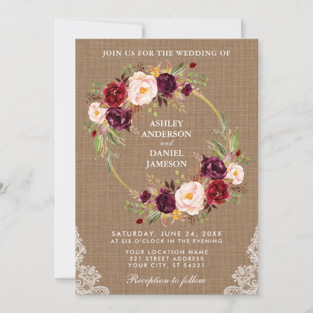 Convites Rústico Casamento Burlap Floral Wreath Lace Invite (Frente)