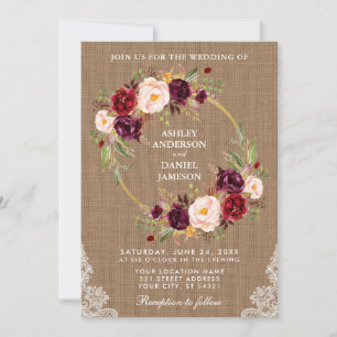 Convites Rústico Casamento Burlap Floral Wreath Lace Invite