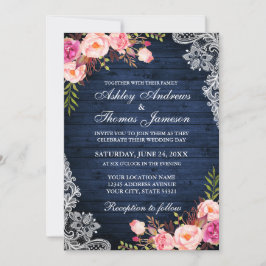 Convites Rústico Casamento de Madeira Azul Lace Floral Rosa