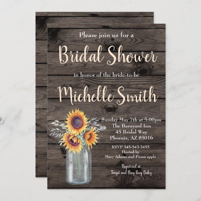 Convites Rústico Chá de panela de Madeira Floral de Girasso (Frente/Verso)