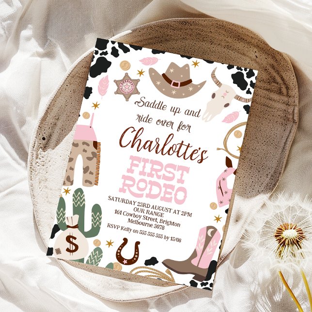 Convites Rústico Cola Rosa Para Cima Primeiro primeiro aniv (Girls First Rodeo 1st Birthday Invitation, Pink 1st Rodeo Birthday Invite, Western Themed Birthday, )