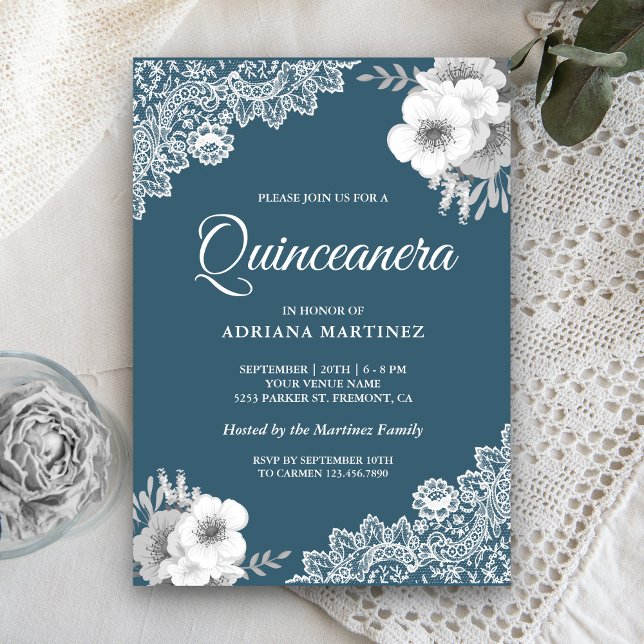 Convites Rustico Country Azul Floral Renda Quinceanera (Criador carregado)