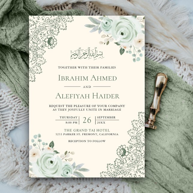 Convites Rústico Creme Verde Floral Renda Casamento Muçulma (Criador carregado)