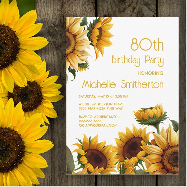Convites Rústico Elegante Girassóis 80 Aniversário (Sunflowers on white 80th birthday party invitation)
