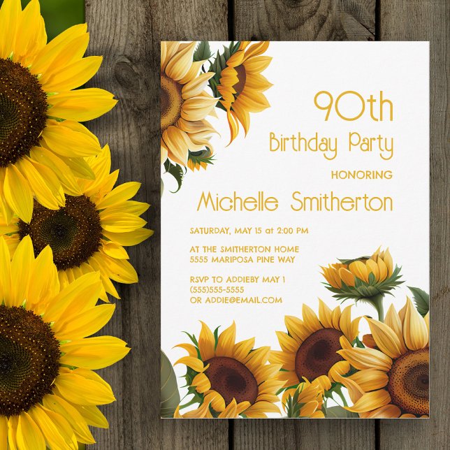Convites Rústico Elegante Girassóis 90 Aniversário (Yellow sunflowers on 90th birthday party invitation)