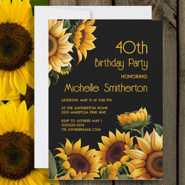 Convites Rústico Elegante Girassóis aniversário de 40 anos (Sunflowers on black 40th birthday party invitation)