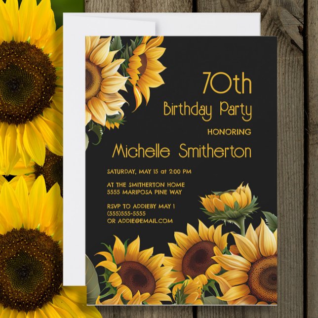 Convites Rústico Elegante Girassóis Negro 70 Aniversário (Sunflowers on black 70th birthday party invitation)