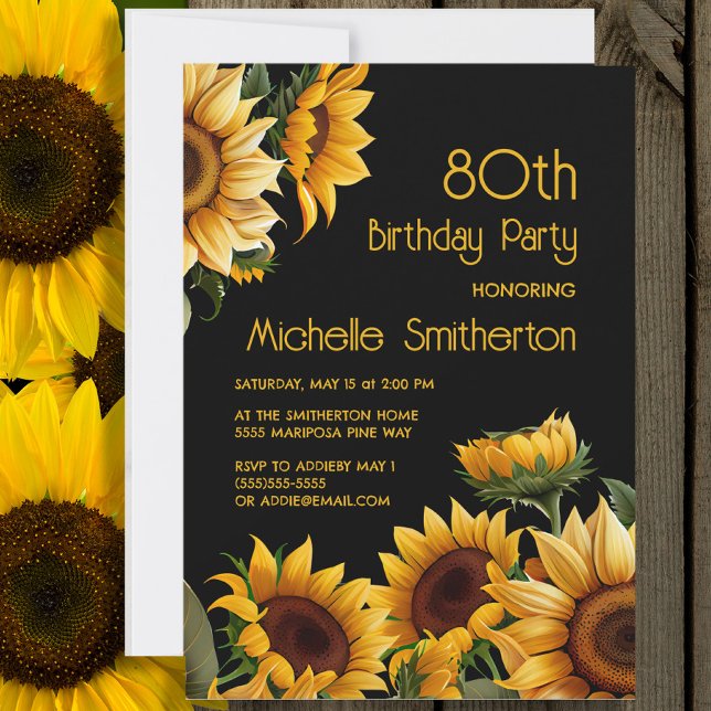 Convites Rústico Elegante Girassóis Negro 80 Aniversário (Sunflowers on black 80th birthday party invitation)
