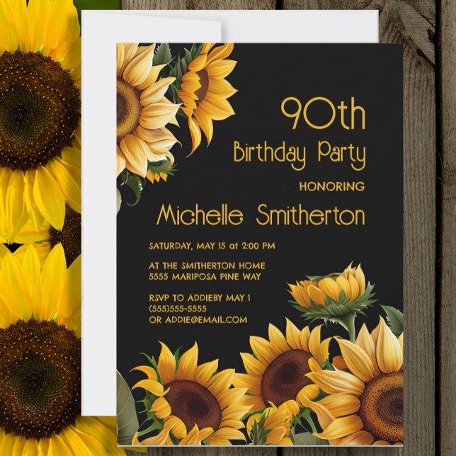 Convites Rústico Elegante Girassóis Negro 90 Aniversário (Sunflowers on black 90th birthday party invitation)