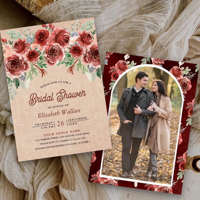 Convites Rustico em Burlap Marsala Floral Foto Chá de Noiva (Criador carregado)