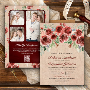 Convites Rustico Floral Marsala em Juta Código QR de Foto C