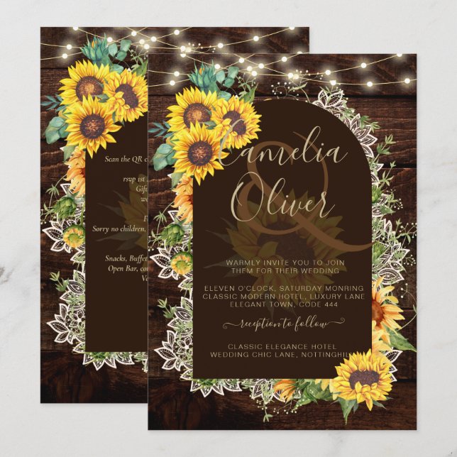 Convites Rústico Girassóis Luz Arco de Luz Raça Casamento (Frente/Verso)