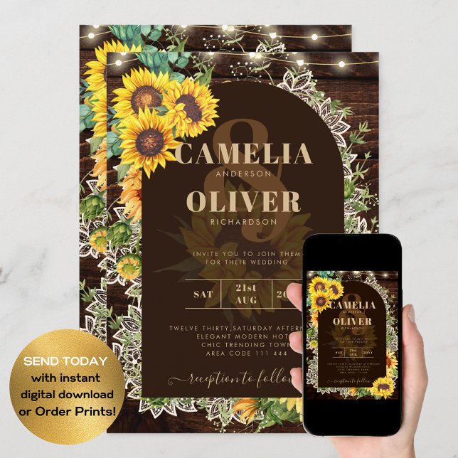 Convites Rústico Girassóis Luz Arco de Luz Raça Casamento (Criador carregado)