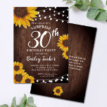Convites Rústico girassol e luzes Surpresa aniversário de 3<br><div class="desc">Este design apresenta bonito girassóis pintados a aquarelas em um fundo de madeira rústica acentuado com luzes de cordas. Clique no botão personalizar para obter mais flexibilidade na modificação do texto ou na movimentação dos gráficos! No nosso compro, estão disponíveis variantes desta design, bem como produtos de coordenação, zazzle.com/store/doodlelulu. Entre...</div>