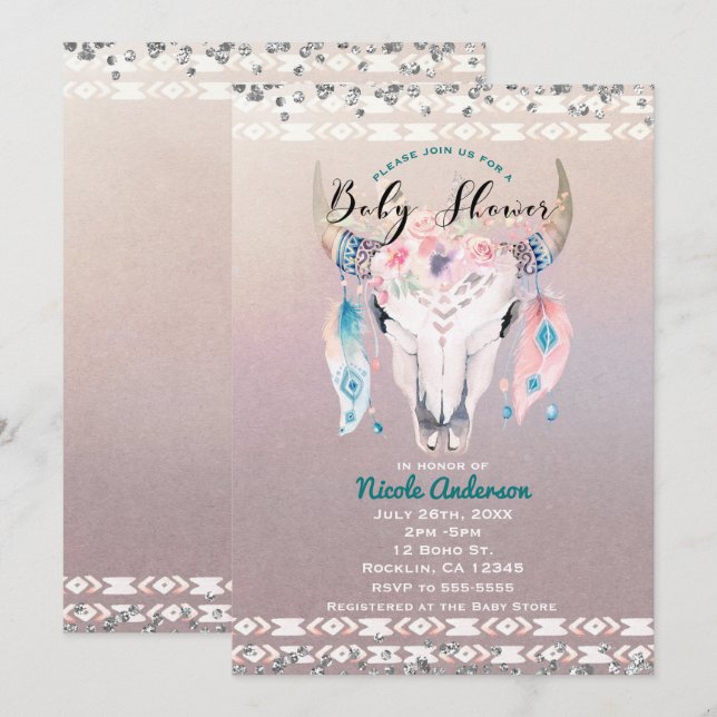 Convites Rústico Glam Boho Floral Crânio de Vaca Chá de Beb (Frente/Verso)