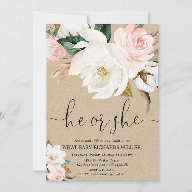 Convites Rústico kraft branco cor-de-rosa, gênero floral (Frente)