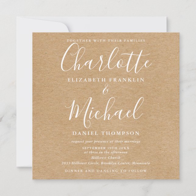 Convites Rústico Kraft Elegante Script Tudo Em Um Casamento (Frente)