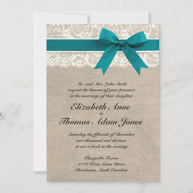Convites Rústico Lace Burlap Invitation Turquoise (Frente)