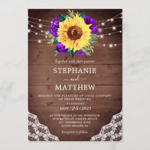 Convites Rústico Lace de girassol Casamento outono roxo