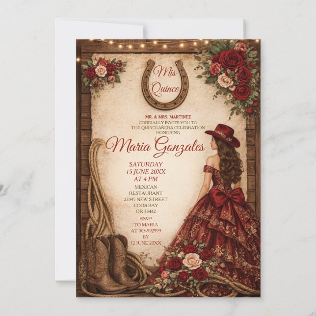 Convites Rústico Madeira Burgundy Floral Princesa Mis Quinc (Frente)