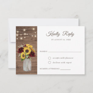 Convites Rústico Madeira Girassóis Burgundy Mason Jar RSVP