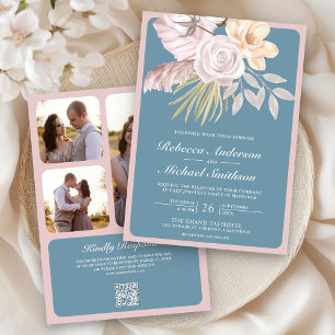 Convites Rústico Pó Azul Rosa Floral Código QR Casamento